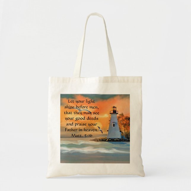 Bolsa Tote Saco de mão com versículo da Bíblia do Farol e Pôr (Frente)