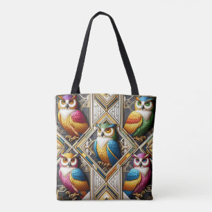 Bolsa Tote Saco de mão de corujas em arco-íris Art Deco