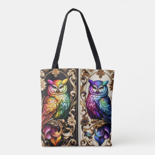 Bolsa Tote Saco de mão de corujas em arco-íris Art Deco