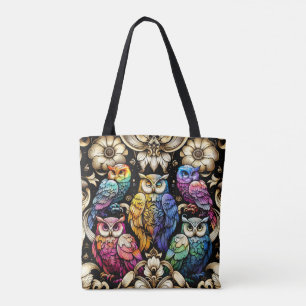 Bolsa Tote Saco de mão de corujas em arco-íris Art Deco