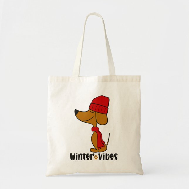 Bolsa Tote Saco de mão de Dachshund com Vibrações de Inverno (Frente)