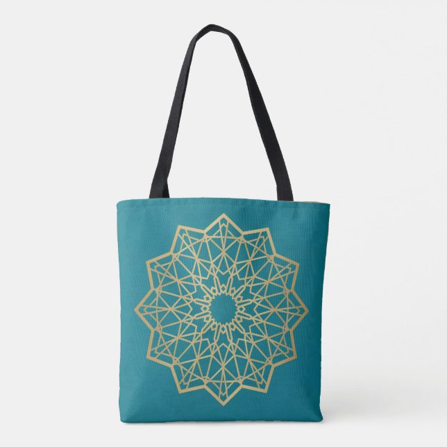 Bolsa Tote Saco de mão de Geometria Sagrada Turquesa (Verso)