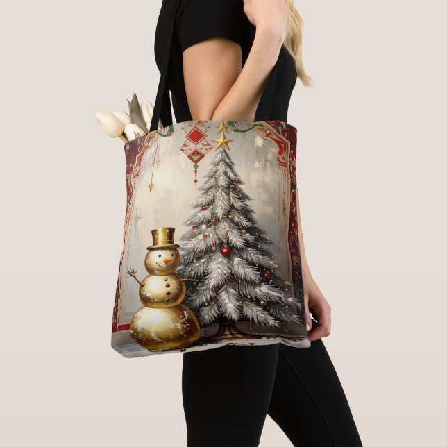Bolsa Tote Saco de mão de Natal com boneco de neve dourado e  (Close Up)
