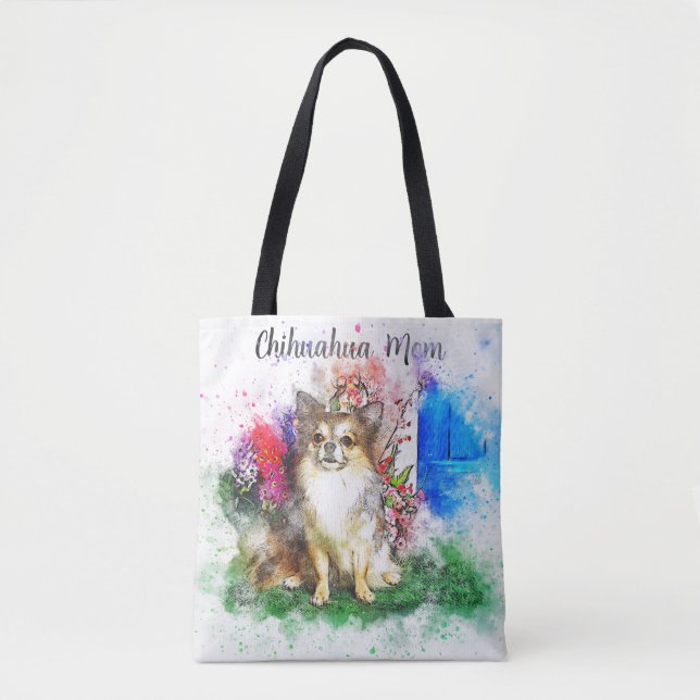 Bolsa Tote Saco de mão em aquarela com Chihuahua de Cabelo Lo (Frente)