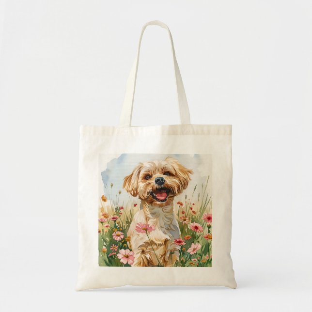 Bolsa Tote Saco de Mão em Aquarela de Maltês (Frente)