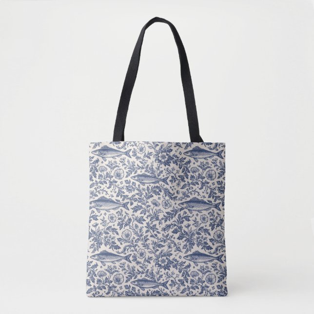 Bolsa Tote Saco de mão em estilo Chinoiserie com Sardinha Med (Frente)