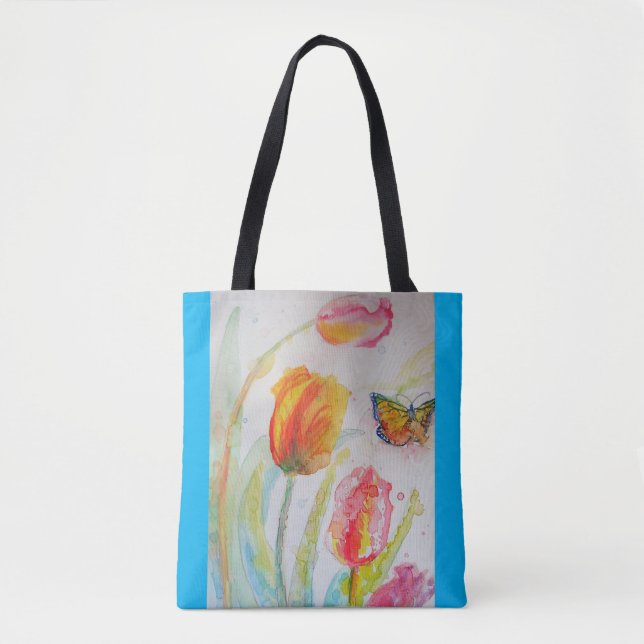 Bolsa Tote Saco de mão floral de flores de aquarela Tulipa (Frente)