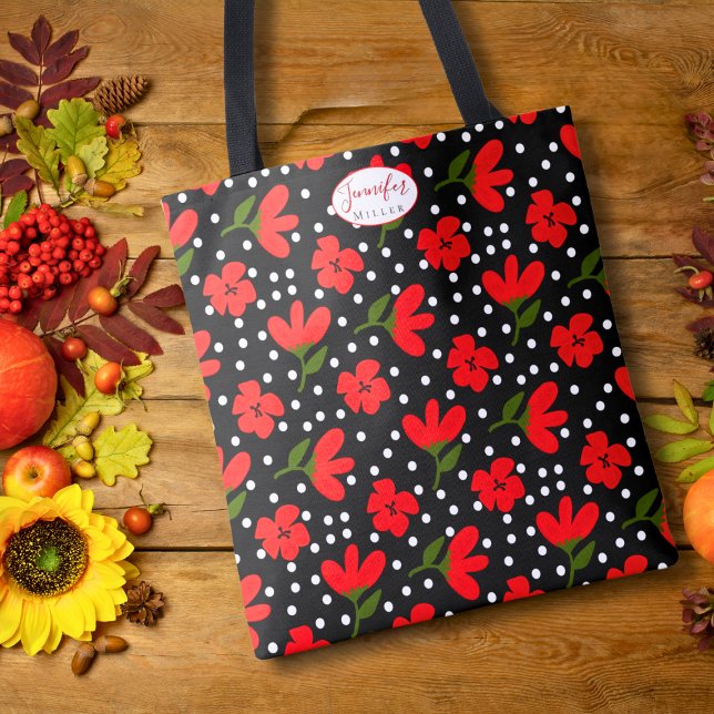 Bolsa Tote Saco de mão floral personalizado – Presente para e (Personalized Red Floral Tote Bag)