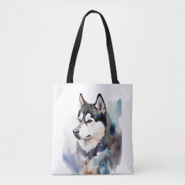 Bolsa Tote Saco de mão Husky em Aquarela Ilustração Artística