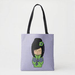 Bolsa Tote Saco de mão Kokeshi Doll Green Purple  All-Over-Pr