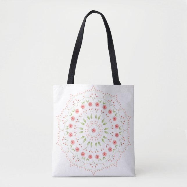 Bolsa Tote Saco de Mão Mandala Floral de Pêssego (Frente)