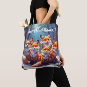 Bolsa Tote Saco de mão modelo Raposas fofas numa floresta nev