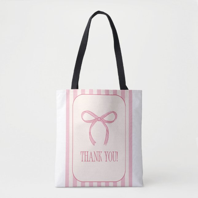Bolsa Tote Saco de mão 'obrigado' com laço rosa e listras ros (Frente)