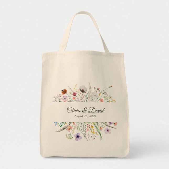 Bolsa Tote Saco de mão para casamento em prado de flores silv (Frente)