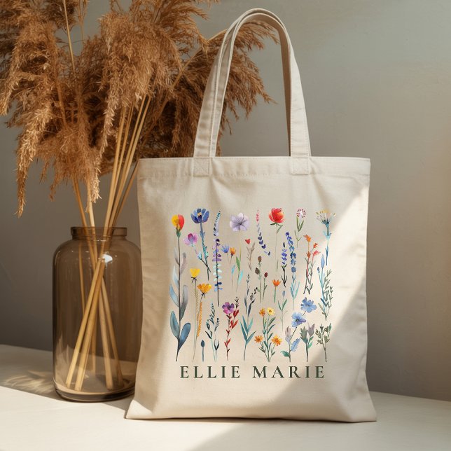 Bolsa Tote Saco de mão personalizado com flores silvestres co (Personalized wildflower bridesmaid tote bag gift for bridal party, Watercolor floral team bride tote)