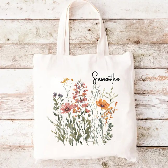 Bolsa Tote Saco de mão personalizado com flores silvestres co (wildflowers tote bag, Mother’s Day gift bag, gift for mom, gift for mama, tote bag for women, bride)