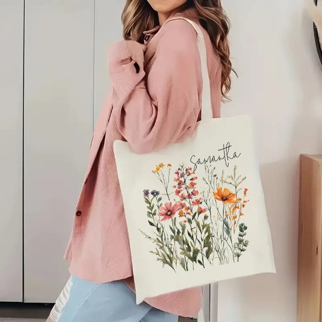 Bolsa Tote Saco de mão personalizado com flores silvestres, p ( personalized tote bag, mothers day gift, birthday gift, graduation gift, gift for mom, Gift for her)