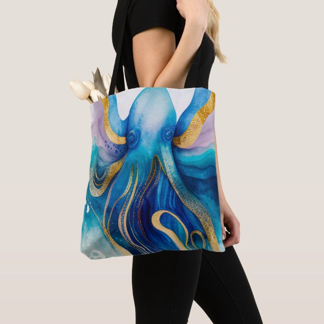 Bolsa Tote Saco de mão polvo dourado turquesa azul (Close Up)