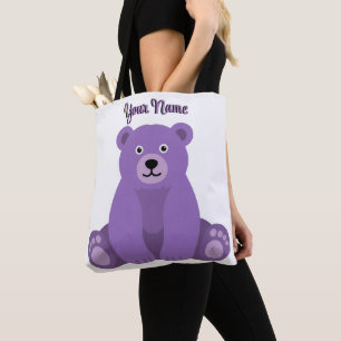 Bolsa Tote Saco de mão roxo sentado urso fofo Kawaii nome per