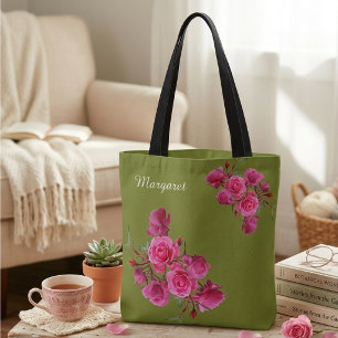 Bolsa Tote Saco de mão verde sage com estilo artístico floral