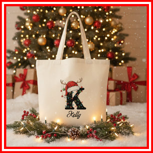 Bolsa Tote Saco de Natal com Antílope e Chapéu de Papai Noel