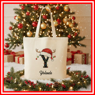 Bolsa Tote Saco de Natal com Antílope e Chapéu de Papai Noel