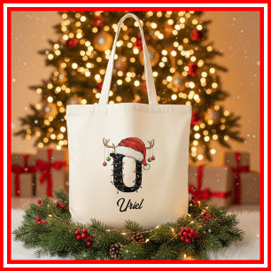 Bolsa Tote Saco de Natal com Antílope e Chapéu de Papai Noel