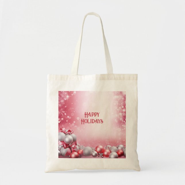 Bolsa Tote Saco de Natal com Bolas de Natal Rosa Branco (Frente)