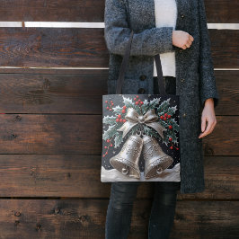Bolsa Tote Saco de Natal de Sinos de Prata e Azevinho