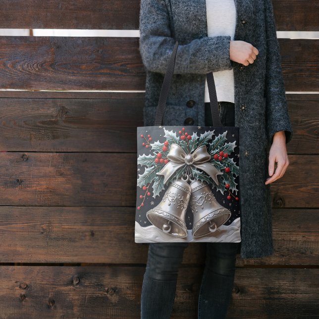 Bolsa Tote Saco de Natal de Sinos de Prata e Azevinho (Criador carregado)
