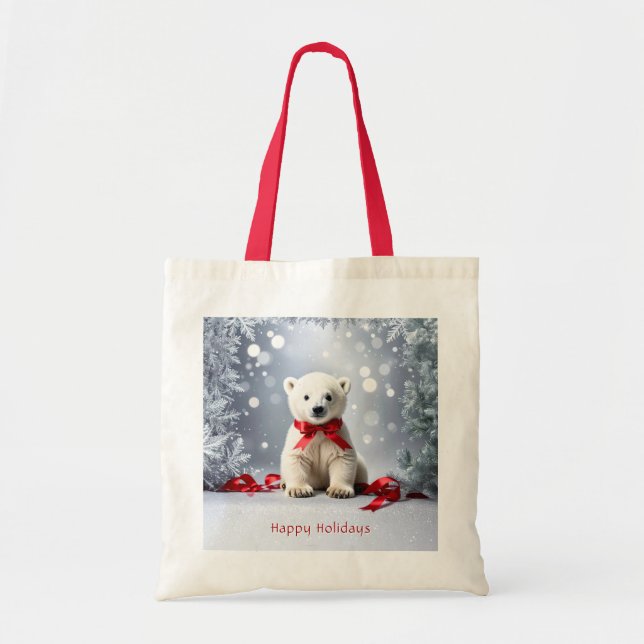 Bolsa Tote Saco de Natal de Urso Polar para Férias (Frente)