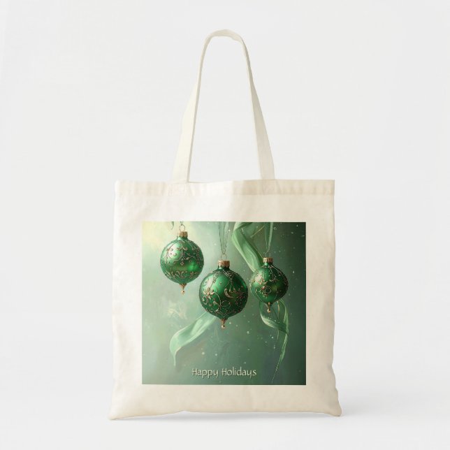 Bolsa Tote Saco de Natal em Tecido Verde com Bola de Natal (Frente)
