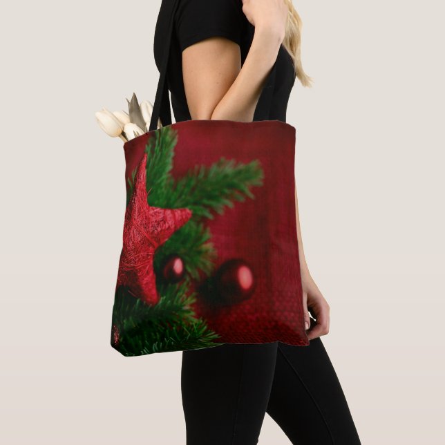 Bolsa Tote Saco de Natal Estrela Vermelha Festiva (Close Up)