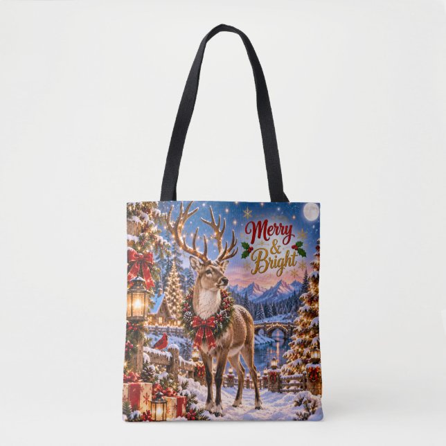 Bolsa Tote Saco de Natal Merry & Bright com Veado (Frente)