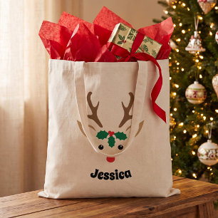Bolsa Tote Saco de Natal Personalizado com Rosto de Rena Fofa