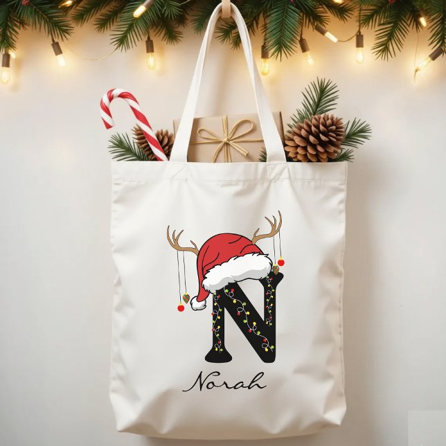 Bolsa Tote Saco de Natal Personalizado para Presente para Mam (holiday tote bag, Santa Claus tote, family monogram tote, Christmas gift bag, custom Christmas tote,)