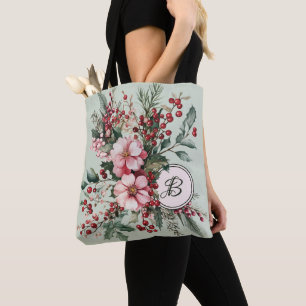 Bolsa Tote Saco de Natal Rosa com Floral em Aquarela e Monogr