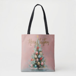 Bolsa Tote Saco de Natal Rosa Pastel Chic com Árvore de Natal