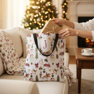 Bolsa Tote Saco de Natal Vermelho Verde Padrão de Brinquedos