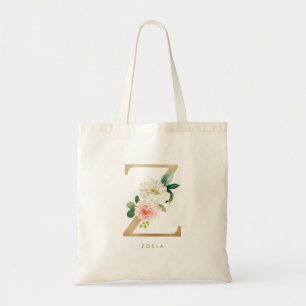 Bolsa Tote Saco de Noiva com Letra Floral Z Monograma Dourado