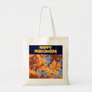 Bolsa Tote Saco de pano Feliz Dia das Bruxas! folhas laranja