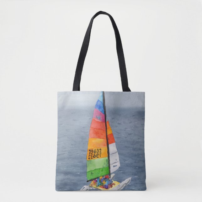 Bolsa Tote Saco de Praia com Foto de Catamarã Náutico à Vela (Frente)