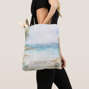 Bolsa Tote Saco de Praia Tropical com Nome em Aquarela