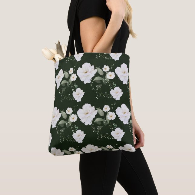 Bolsa Tote Saco de Presente de Flores Pretas com Rosa Branca (Close Up)