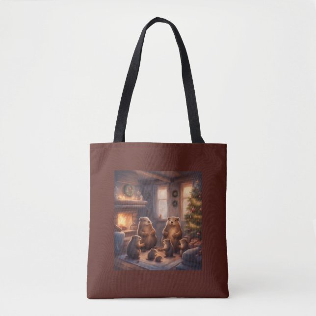 Bolsa Tote Saco de presente de Natal da família de castores c (Frente)