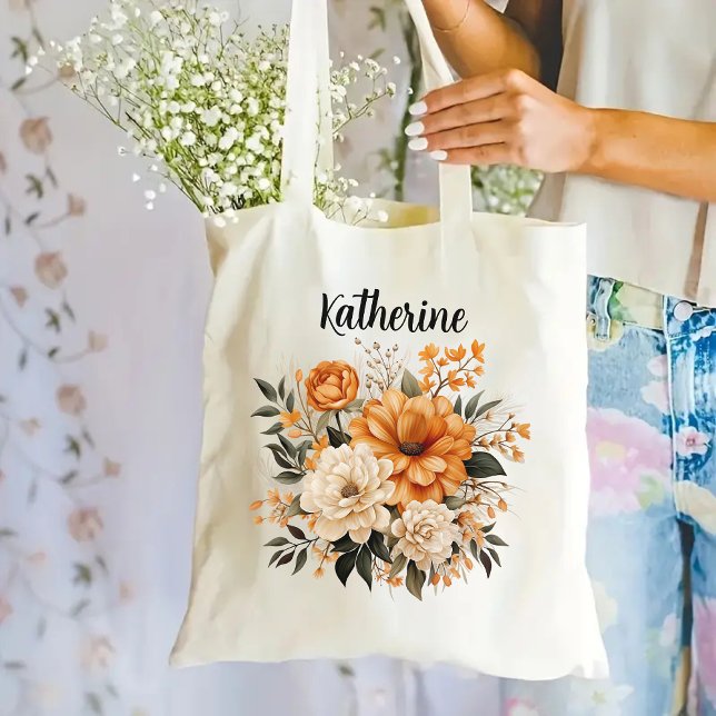 Bolsa Tote Saco de presente floral personalizado para ela, ma (floral tote bag, custom name tote, personalized tote, bridesmaid tote bag, bachelorette gift bag)