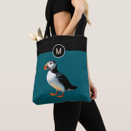Bolsa Tote Saco de Puffin-do-Atlântico em Azul Verde com Mono