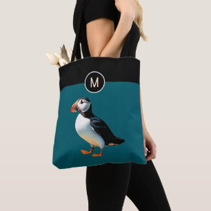 Bolsa Tote Saco de Puffin-do-Atlântico em Azul Verde com Mono