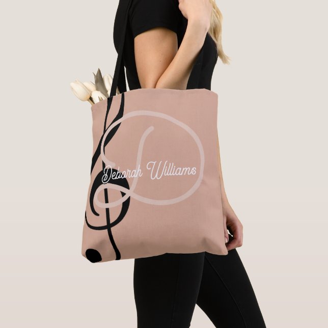 Bolsa Tote Saco de Rosa Dusty com seu nome e clave tripla (Close Up)