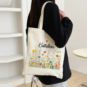 Bolsa Tote Saco de Tecido com Flores Personalizado para Mãe, 